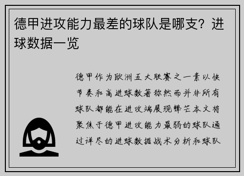 德甲进攻能力最差的球队是哪支？进球数据一览